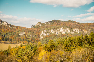 Panoramic view of Sulov village from Sulov castle ruins, Sulov rocks in the summer, (Sulovske skaly in slovak). National nature reserve, Slovakia.