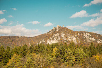 Panoramic view of Sulov village from Sulov castle ruins, Sulov rocks in the summer, (Sulovske skaly in slovak). National nature reserve, Slovakia.