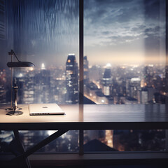 Fototapeta na wymiar Blurred office workspace in the evening , interior workplace with cityscape for business presentation background