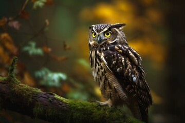 Fototapeta premium Portrait of an owl in the forest. Generative AI