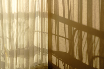 Window and sunrise light, shadows and tulle curtain on beige background casting shadows.