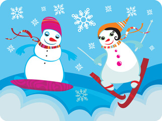 vector illustration of a two snowman