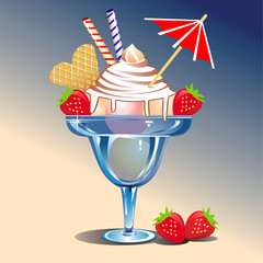Icecream sundaes in a glass with strawberries. Full scalable vector graphic.
