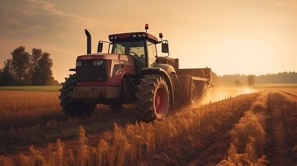 Fototapeta premium Modern tractor working in a field at sunset, machinery for agriculture harvesting