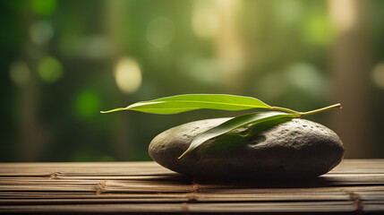 Obraz na płótnie Canvas relax zen stone on wooden terrace with bamboo leaves, japanese still life meditation treatment spa concept