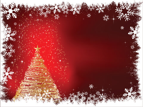 Gold Christmas tree on snowflake background