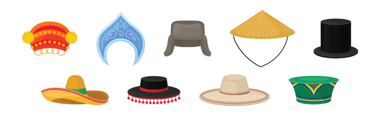 Various National Headdress and Hat as Ethnic Head Cover Vector Set