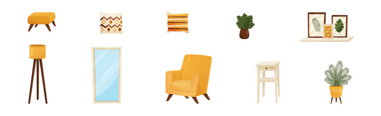 Room Interior Design Elements with Lamp, Armchair, Pillow, Chair, Mirror and Houseplant Vector Set