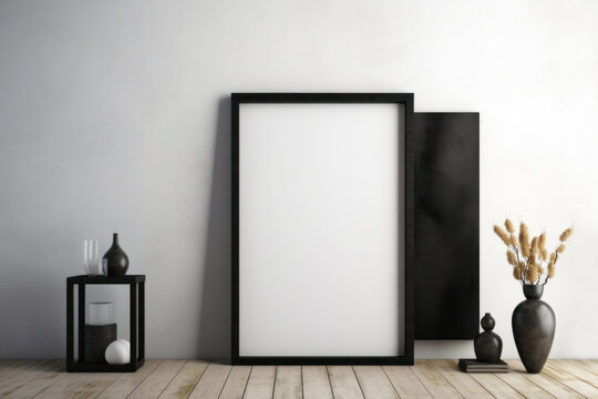 Empty black frame on light wooden floor with neutral white wall behind it. Empty poster frame mockup. Empty picture frame mockup. Blank photo frame. Minimalistic room. 3d illustration, generative AI