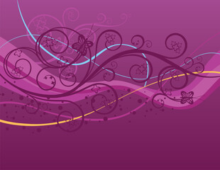 Purple swirls, waves and butterflies background