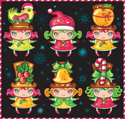 Vector set of a cute Christmas girls wearing santa hats and top-hats with holiday decoration: Christmas bird,  glittering star, sweet apple, christmas holly,  golden jingle bell, candy-cane. Isolated 