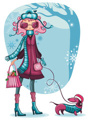 Whimsical shopping girl with dachshund in the winter park.