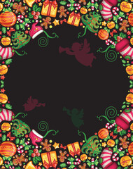 Cute Christmas frame with colorful christmas objects: Christmas tree, stocking, gift box with bow, christmas bell, holly, jingle bell, Christmas wreath, star, gingerbread man, Santa Claus hat, candy c