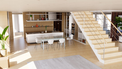 Internal view of an open space with big windows, large size, modern and contemporary style. kitchen interior furniture. Luxury houses. Living room. Architecture and projects. 3d rendering