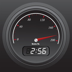 black speedometer with integral timer, vector illustration