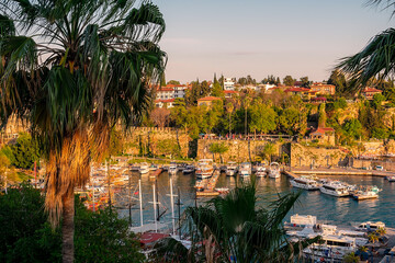 View from a height of the harbor near the old town of Kaleichi in the Turkish city of Antalya. Old...