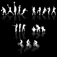 basketball, baseball, paintball, hunter and bicyclists silhouettes with reflection, vector illustration