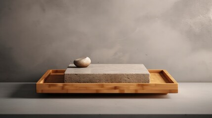 A contemporary podium tray crafted from sustainable bamboo, placed on a neutral-toned concrete countertop