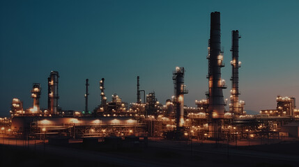 Fototapeta na wymiar Oil refinery plant for crude oil industry on desert in evening twilight, energy industrial machine for petroleum gas
