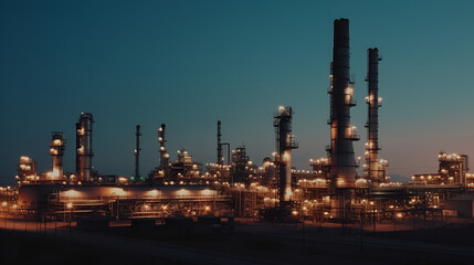 Obraz premium Oil refinery plant for crude oil industry on desert in evening twilight, energy industrial machine for petroleum gas