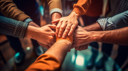 Unity and Teamwork: Work Team Holding Hands in Solidarity. Generative AI.