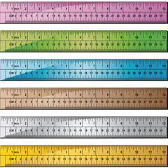 Set of 6 metal/wooden rulers with hole punch at end.  Rulers measured in inches with centimeter dashes.