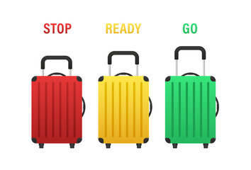 Enjoy have fun card suitcase flat design. luggage family in vacation. baggage in holiday. Fun travel. Traffic lights vector. Stop ready go drive fly concept creative in summer. Vector illustration