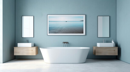 Blank horizontal poster frame mock up in minimalistic Bathroom. Generative AI.
