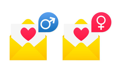Speech bubbles with blue male and red female signs, gender symbols. Husband and wife conceptual icon. Chat between a love couple, relationship concept. Love letter. Vector illustration