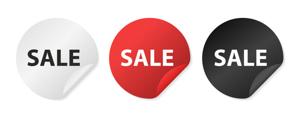Sale sticker. Round sticker with an offer message. New fashion arrival sign. Promotional offer symbol. Red sticker. New collection icon shape. Adhesive paper banner offer. Vector illustration