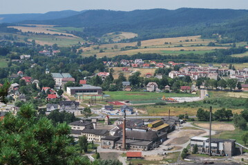 The view from the vantage point, hills, forests and buildings of the city of Szczytno. You can see...