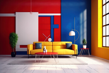 Modern yellow couch and white door in a colorful apartment with bright, cobalt, yellow, red walls. Bright sunlight, large windows. Living room in bauhaus style interior. 3d illustration, generative AI - obrazy, fototapety, plakaty
