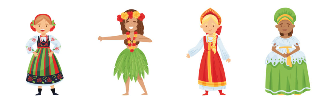 Girl Character Wearing Traditional Ethnic Clothing of Various Countries Vector Set