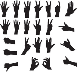 Gesture hand silhouette - black on white vector. Assorted hand silhouettes. Signals including 