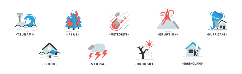 Natural Disaster Icons with Drought, Hurricane, Eruption, Fire and Meteorite Vector Set