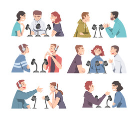 Smiling People Recording Audio Podcast with Microphone and Headphones Vector Set