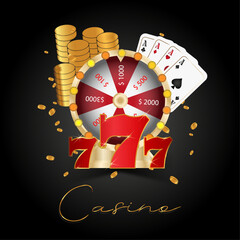  Online casino, wheel of Fortune with money prizes bets, four aces, gold, and jackpot 777. Vector  illustration 
