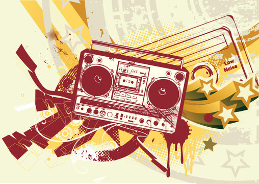 Vector illustration of Grunge styled urban background in graffiti style with cool Boom box.