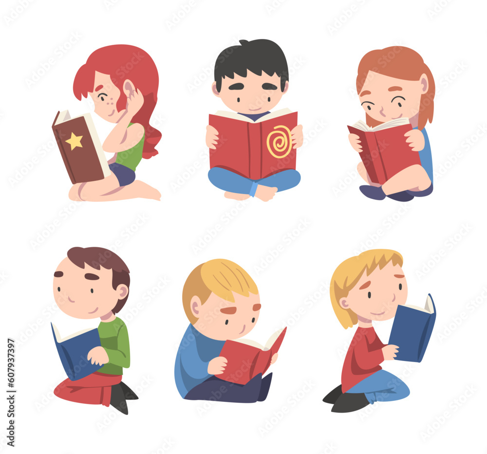 Poster Little Children Sitting with Open Book and Reading Vector Set