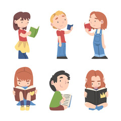 Little Children Sitting with Open Book and Reading Vector Set
