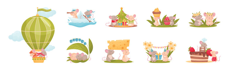 Cute Mouse Friends Character Engaged in Different Activity Vector Set