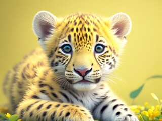 Fototapeta na wymiar cute little tiger cub looking at the camera on yellow background,ai generative