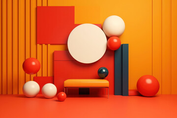 Background scene with orange bench, mock up geometric white and red shape object. Bright colors scene. Abstract minimal concept, clean design. Generative Ai