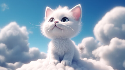 White cat sitting on a fluffy cloud against a blue sky background.