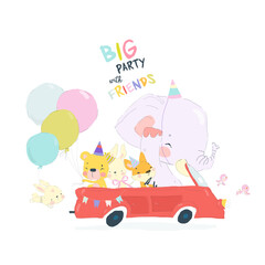 Birthday Party Greeting Card Design. Fox, Elephant, Lion and Rabbit ride on a Car and celebrate Birthday