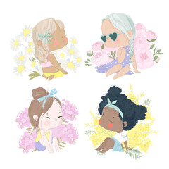 Set of Cute cartoon Little Girl sitting in Different Flowers