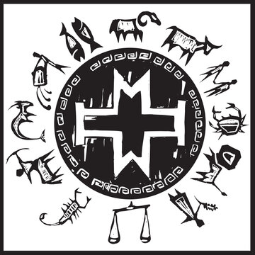 Primitive western zodiac around a center design of a cross.