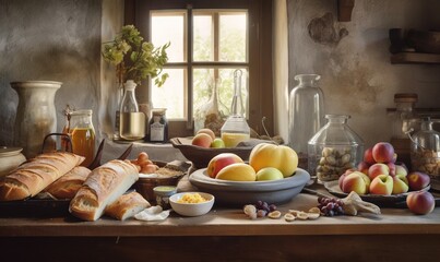 Fototapeta na wymiar a table topped with a bowl of fruit next to a bowl of bread and a bowl of fruit next to a vase of flowers and a window. generative ai