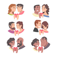 Enamored Couple in Love Holding Heart Feeling Devotion Vector Set