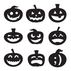 Halloween decoration Jack-o-Lantern silhouette set. Carved pumpkin designs with different facial expressions, from silly to happy to scary.